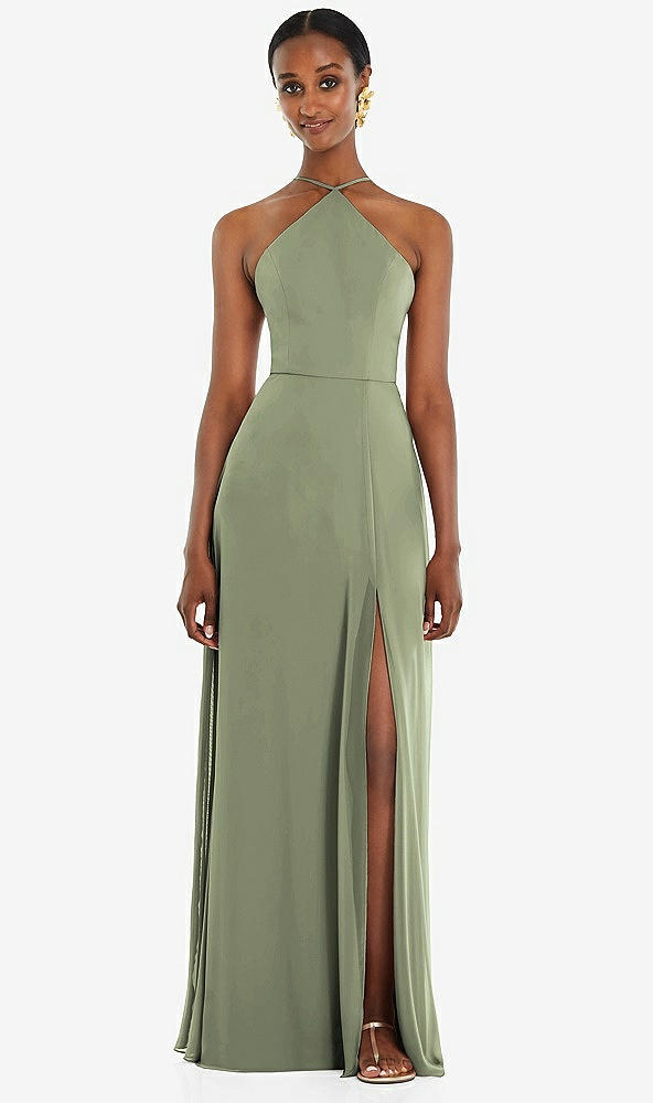 Front View - Sage Diamond Halter Maxi Dress with Adjustable Straps