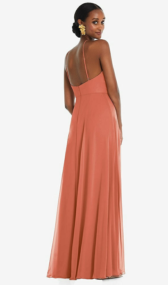 Back View - Terracotta Copper Diamond Halter Maxi Dress with Adjustable Straps
