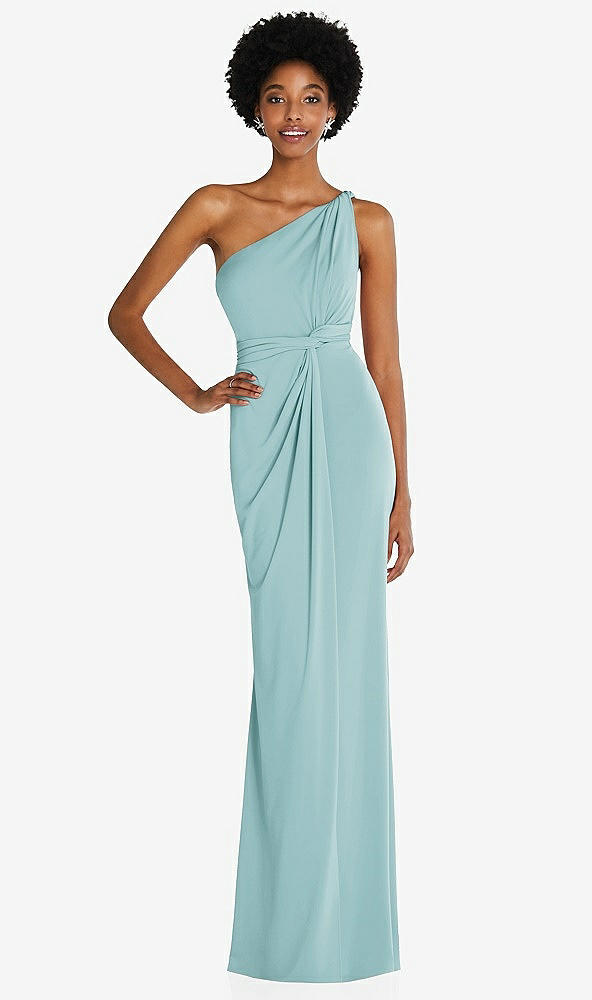 Front View - Canal Blue One-Shoulder Twist Draped Maxi Dress
