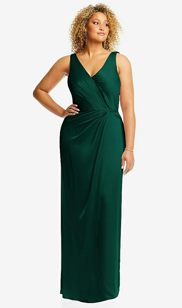 Front View - Hunter Green Faux Wrap Whisper Satin Maxi Dress with Draped Tulip Skirt