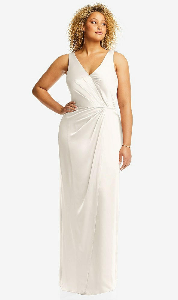 Front View - Ivory Faux Wrap Whisper Satin Maxi Dress with Draped Tulip Skirt