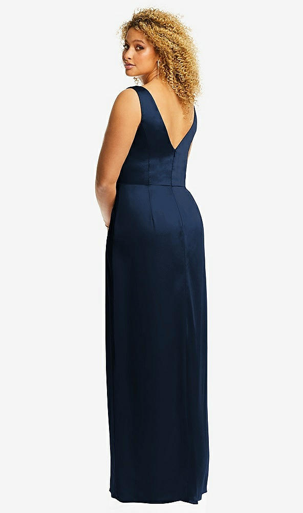 Back View - Midnight Navy Faux Wrap Whisper Satin Maxi Dress with Draped Tulip Skirt