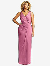 Front View Thumbnail - Orchid Pink Faux Wrap Whisper Satin Maxi Dress with Draped Tulip Skirt