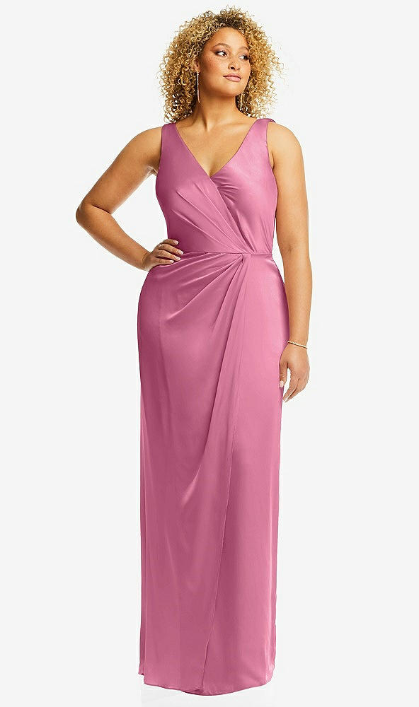 Front View - Orchid Pink Faux Wrap Whisper Satin Maxi Dress with Draped Tulip Skirt