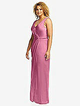 Side View Thumbnail - Orchid Pink Faux Wrap Whisper Satin Maxi Dress with Draped Tulip Skirt