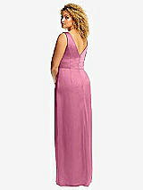 Rear View Thumbnail - Orchid Pink Faux Wrap Whisper Satin Maxi Dress with Draped Tulip Skirt
