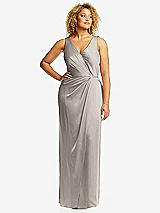Front View Thumbnail - Taupe Faux Wrap Whisper Satin Maxi Dress with Draped Tulip Skirt