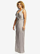 Side View Thumbnail - Taupe Faux Wrap Whisper Satin Maxi Dress with Draped Tulip Skirt
