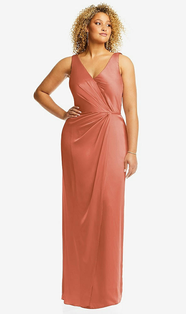 Front View - Terracotta Copper Faux Wrap Whisper Satin Maxi Dress with Draped Tulip Skirt