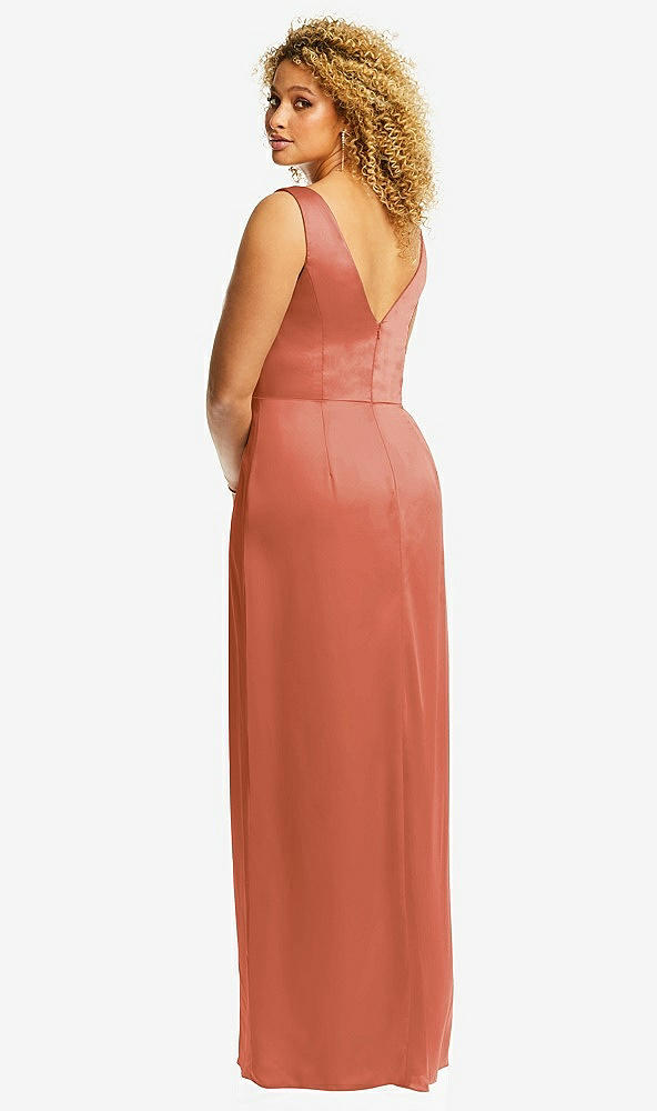 Back View - Terracotta Copper Faux Wrap Whisper Satin Maxi Dress with Draped Tulip Skirt