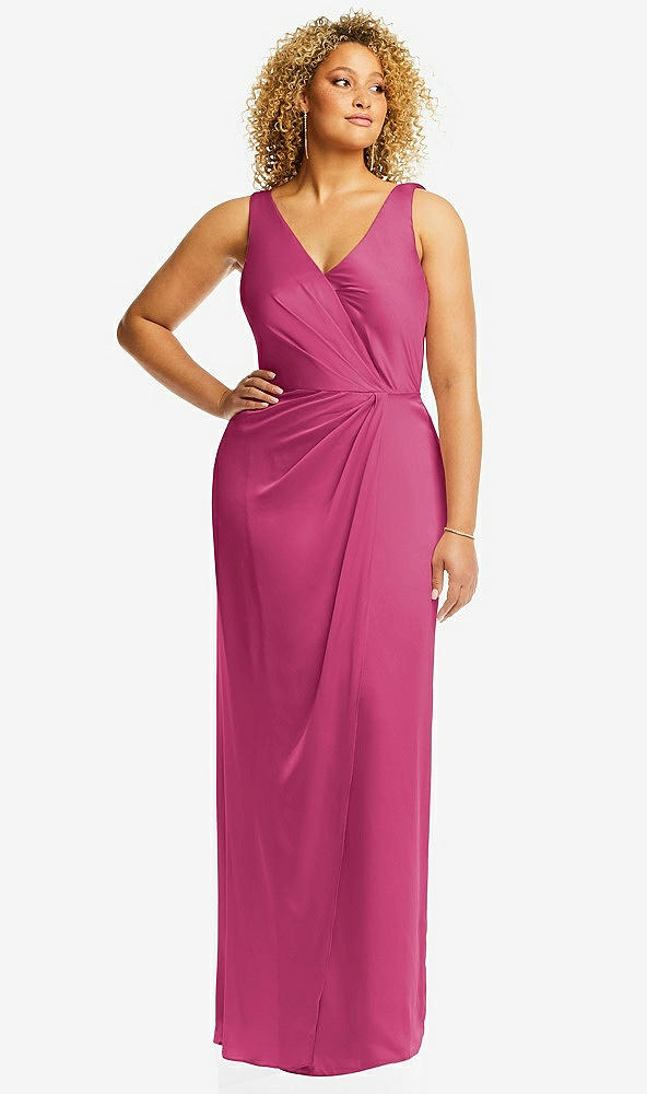 Front View - Tea Rose Faux Wrap Whisper Satin Maxi Dress with Draped Tulip Skirt