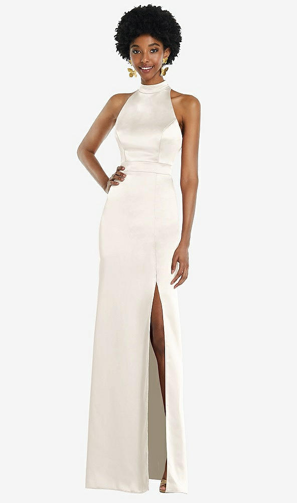 Back View - Ivory High Neck Backless Maxi Dress with Slim Belt