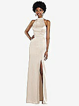 Rear View Thumbnail - Oat High Neck Backless Maxi Dress with Slim Belt