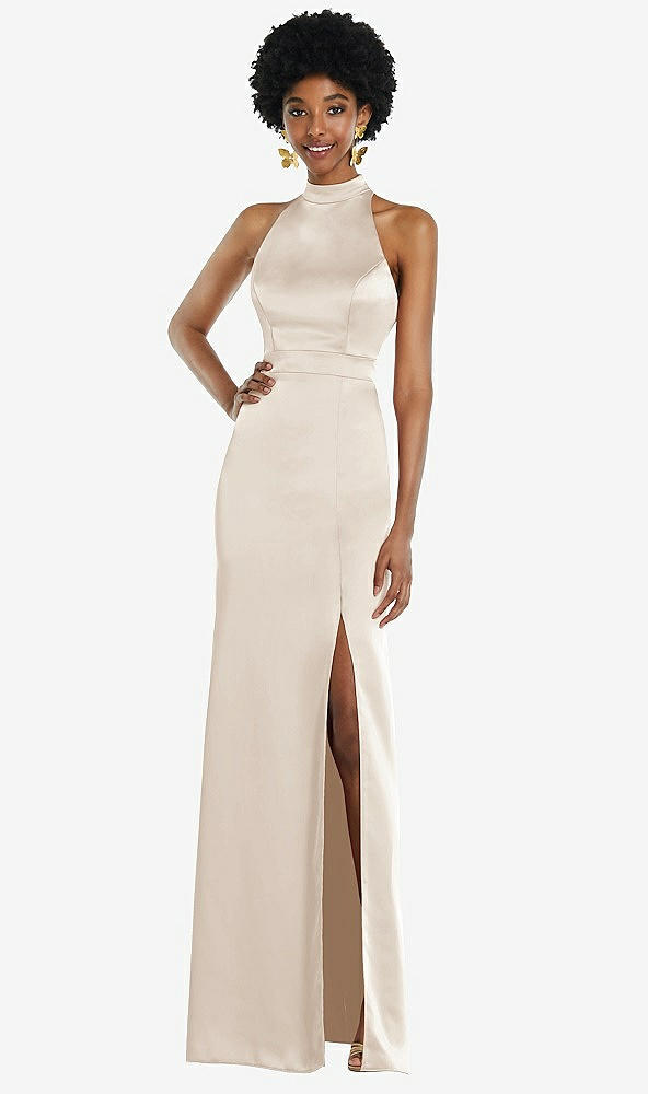 Back View - Oat High Neck Backless Maxi Dress with Slim Belt