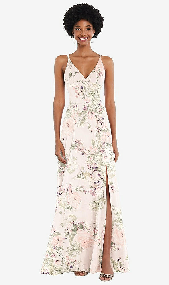 Front View - Blush Garden Faux Wrap Criss Cross Back Maxi Dress with Adjustable Straps