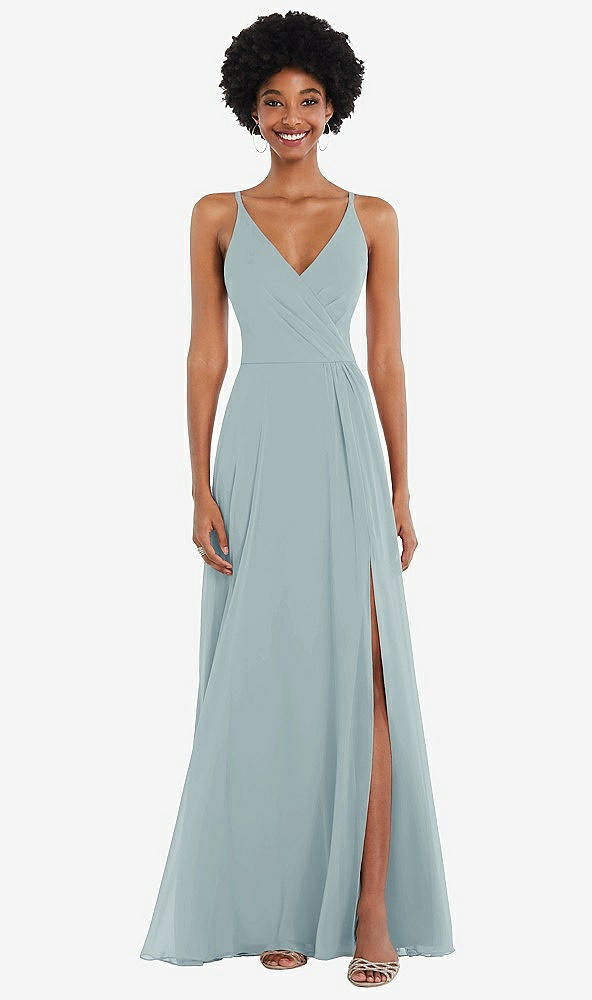 Front View - Morning Sky Faux Wrap Criss Cross Back Maxi Dress with Adjustable Straps
