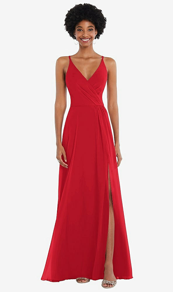 Front View - Parisian Red Faux Wrap Criss Cross Back Maxi Dress with Adjustable Straps