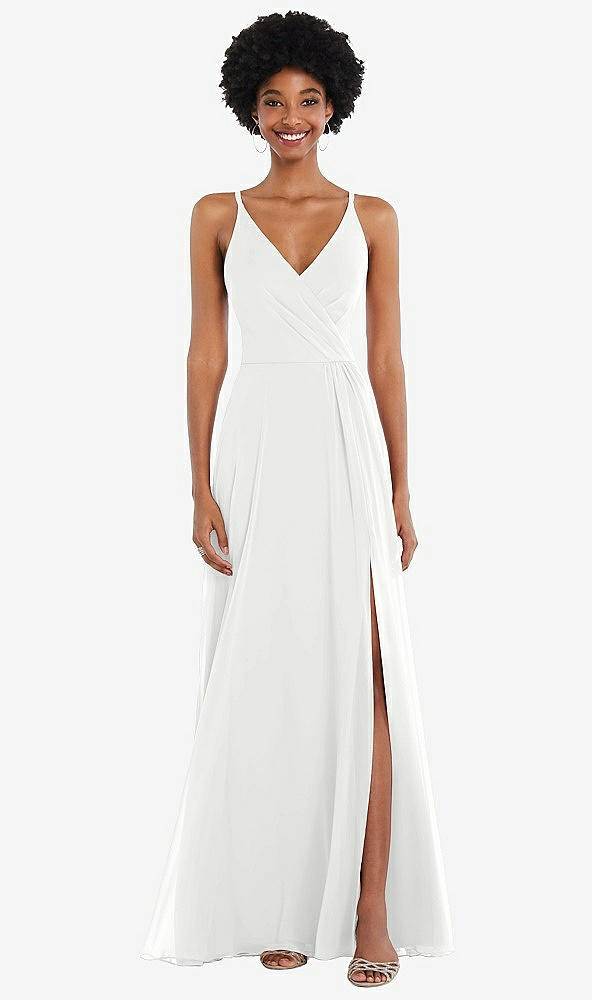 Front View - White Faux Wrap Criss Cross Back Maxi Dress with Adjustable Straps
