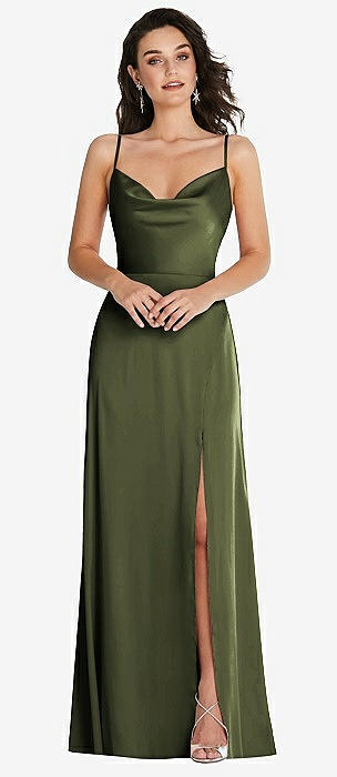 Vintage Olive Green Satin Wide Straps Slit Party Dress - Xdressy