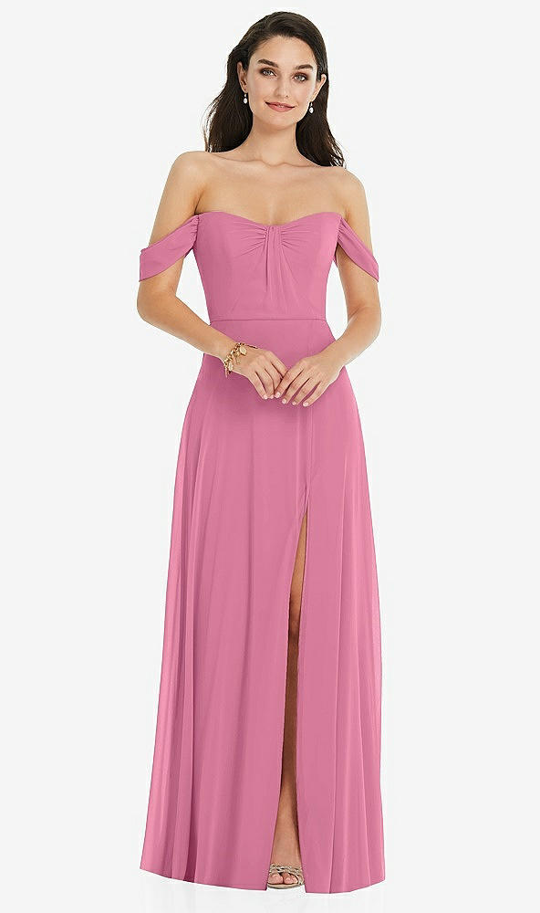 Front View - Orchid Pink Off-the-Shoulder Draped Sleeve Maxi Dress with Front Slit
