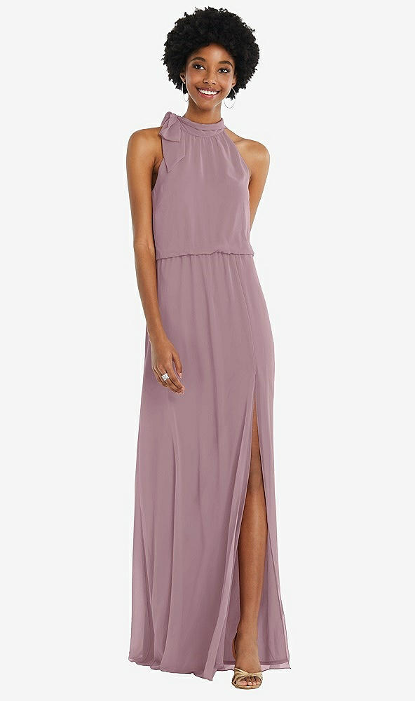 Front View - Dusty Rose Scarf Tie High Neck Blouson Bodice Maxi Dress with Front Slit