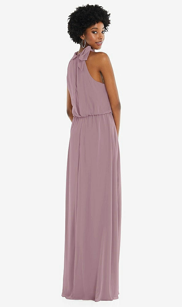 Back View - Dusty Rose Scarf Tie High Neck Blouson Bodice Maxi Dress with Front Slit