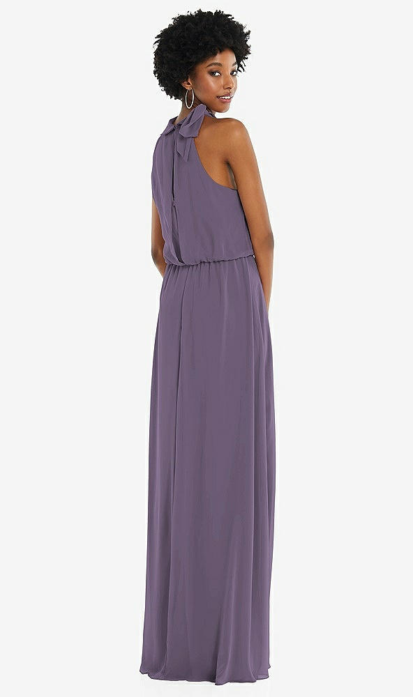 Back View - Lavender Scarf Tie High Neck Blouson Bodice Maxi Dress with Front Slit
