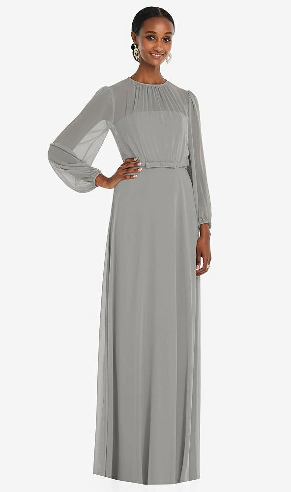 Front View - Chelsea Gray Strapless Chiffon Maxi Dress with Puff Sleeve Blouson Overlay 