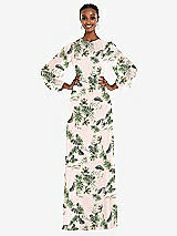 Alt View 1 Thumbnail - Palm Beach Print Strapless Chiffon Maxi Dress with Puff Sleeve Blouson Overlay 