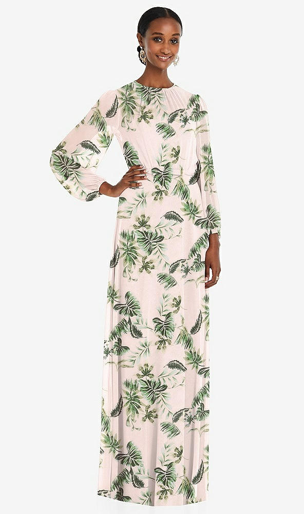 Front View - Palm Beach Print Strapless Chiffon Maxi Dress with Puff Sleeve Blouson Overlay 
