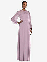 Front View Thumbnail - Suede Rose Strapless Chiffon Maxi Dress with Puff Sleeve Blouson Overlay 