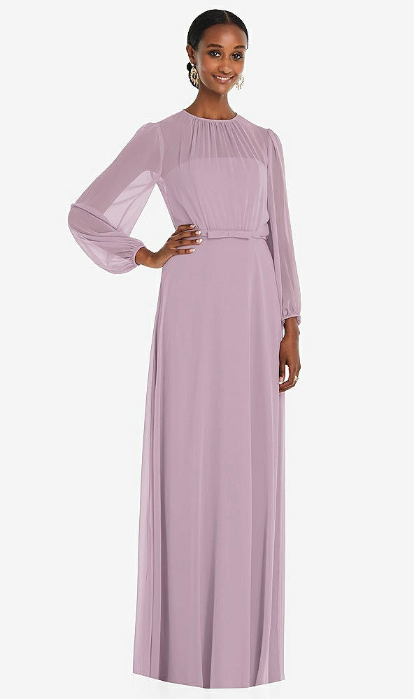 Front View - Suede Rose Strapless Chiffon Maxi Dress with Puff Sleeve Blouson Overlay 