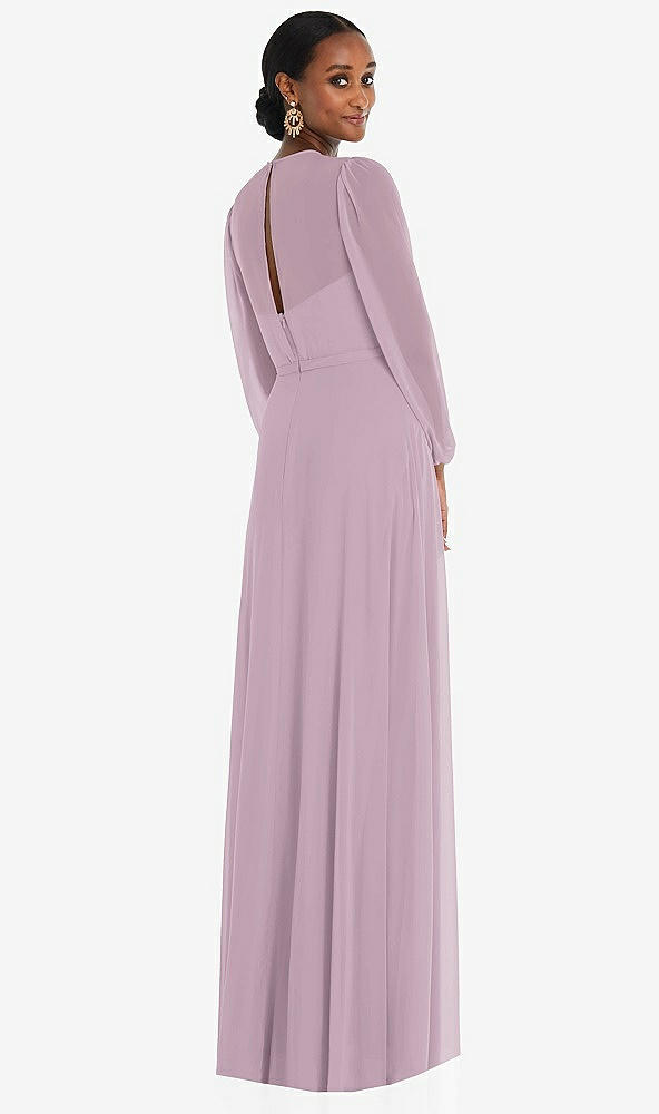 Back View - Suede Rose Strapless Chiffon Maxi Dress with Puff Sleeve Blouson Overlay 