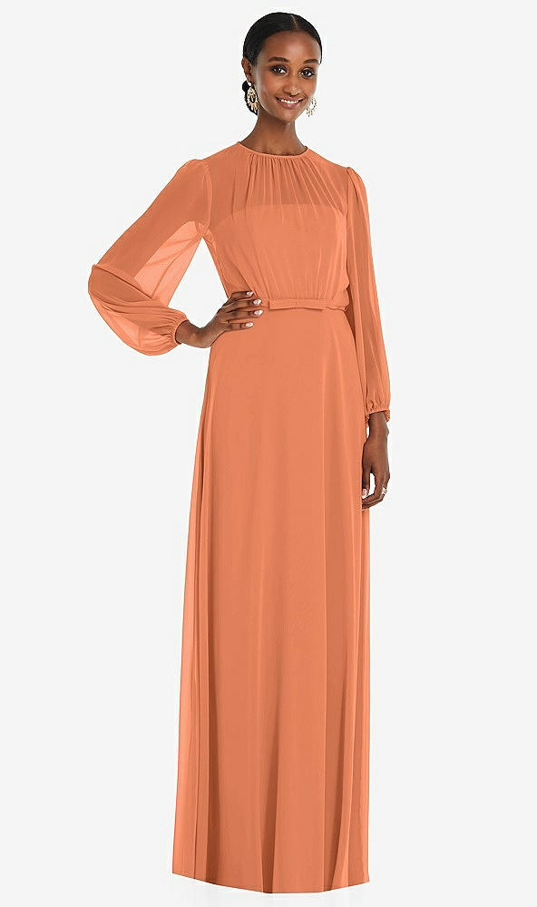 Front View - Sweet Melon Strapless Chiffon Maxi Dress with Puff Sleeve Blouson Overlay 