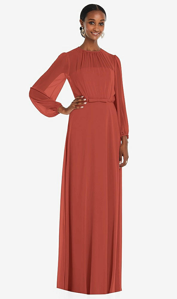 Front View - Amber Sunset Strapless Chiffon Maxi Dress with Puff Sleeve Blouson Overlay 