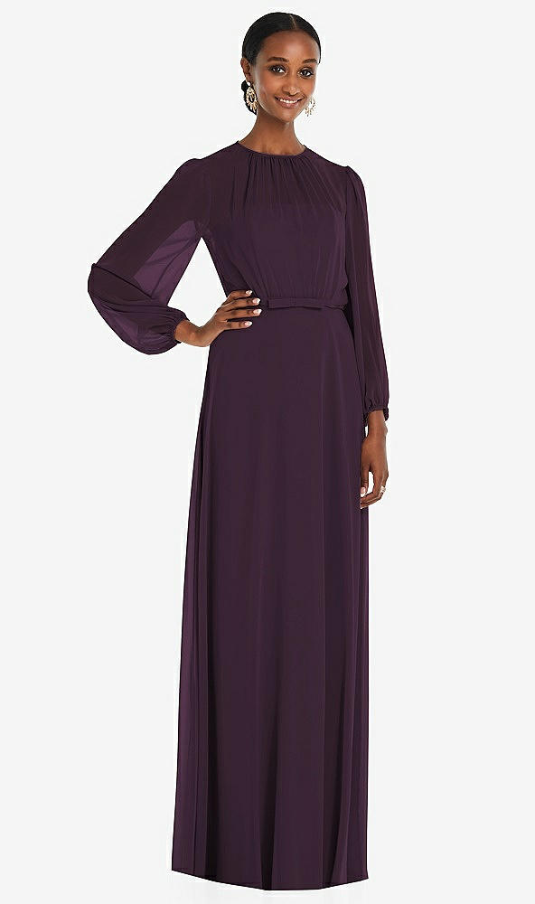 Front View - Aubergine Strapless Chiffon Maxi Dress with Puff Sleeve Blouson Overlay 