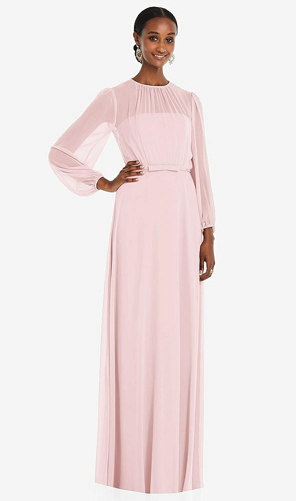 Front View - Ballet Pink Strapless Chiffon Maxi Dress with Puff Sleeve Blouson Overlay 