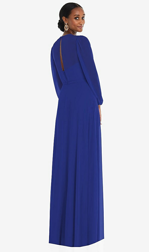 Back View - Cobalt Blue Strapless Chiffon Maxi Dress with Puff Sleeve Blouson Overlay 