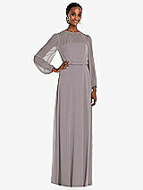 Front View Thumbnail - Cashmere Gray Strapless Chiffon Maxi Dress with Puff Sleeve Blouson Overlay 