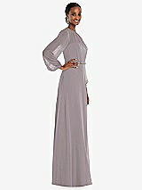 Side View Thumbnail - Cashmere Gray Strapless Chiffon Maxi Dress with Puff Sleeve Blouson Overlay 