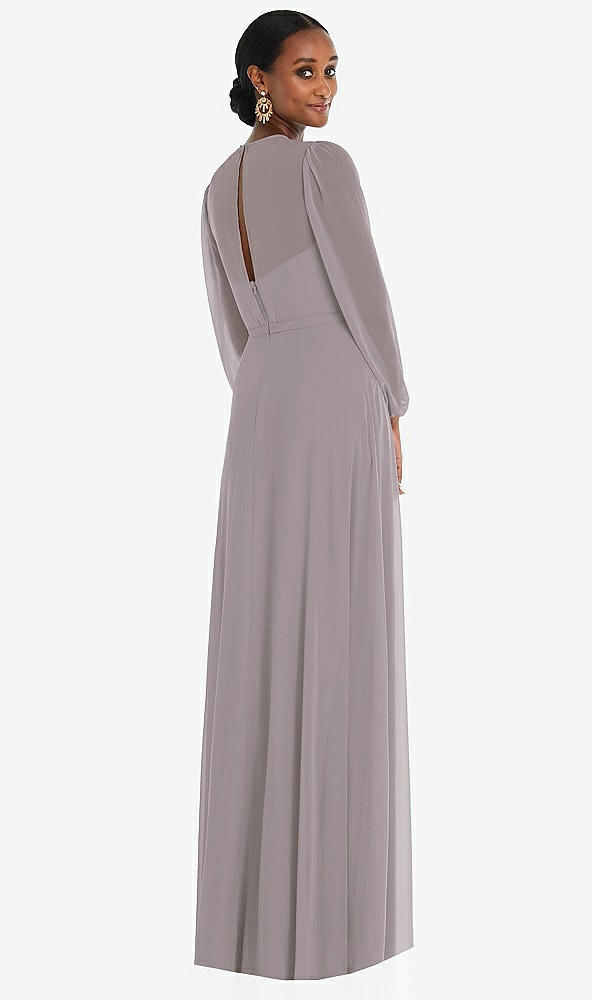Back View - Cashmere Gray Strapless Chiffon Maxi Dress with Puff Sleeve Blouson Overlay 