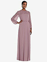 Front View Thumbnail - Dusty Rose Strapless Chiffon Maxi Dress with Puff Sleeve Blouson Overlay 