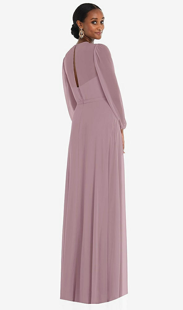 Back View - Dusty Rose Strapless Chiffon Maxi Dress with Puff Sleeve Blouson Overlay 