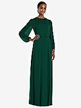 Front View Thumbnail - Hunter Green Strapless Chiffon Maxi Dress with Puff Sleeve Blouson Overlay 