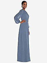 Side View Thumbnail - Larkspur Blue Strapless Chiffon Maxi Dress with Puff Sleeve Blouson Overlay 