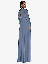 Rear View Thumbnail - Larkspur Blue Strapless Chiffon Maxi Dress with Puff Sleeve Blouson Overlay 