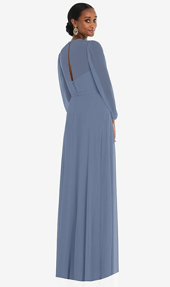 Back View - Larkspur Blue Strapless Chiffon Maxi Dress with Puff Sleeve Blouson Overlay 