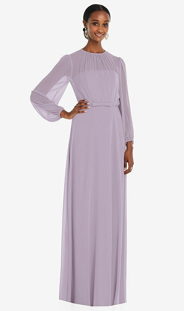 Front View - Lilac Haze Strapless Chiffon Maxi Dress with Puff Sleeve Blouson Overlay 