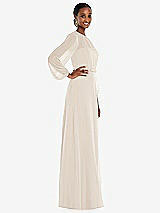 Side View Thumbnail - Oat Strapless Chiffon Maxi Dress with Puff Sleeve Blouson Overlay 