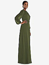 Side View Thumbnail - Olive Green Strapless Chiffon Maxi Dress with Puff Sleeve Blouson Overlay 
